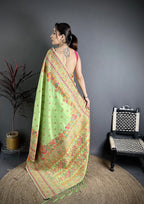 Elora Light Green Pashmina Silk Meenakari Weaving Madhubani Design Kashmiri Saree | Grocsy
