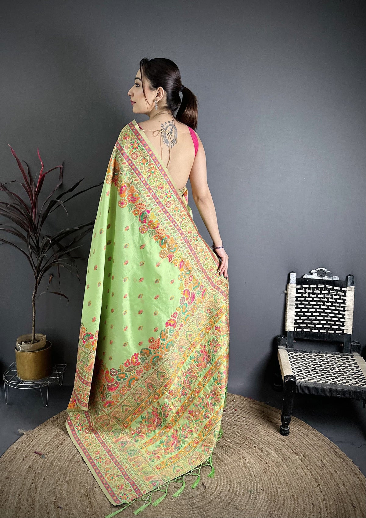 Elora Light Green Pashmina Silk Meenakari Weaving Madhubani Design Kashmiri Saree | Grocsy