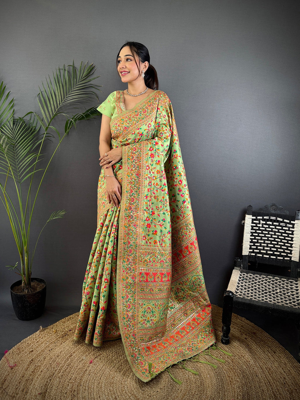 Elora Light Green Pashmina Silk Meenakari Weaving Madhubani Design Kashmiri Saree | Grocsy