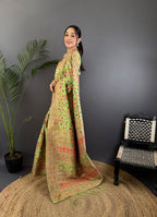 Elora Light Green Pashmina Silk Meenakari Weaving Madhubani Design Kashmiri Saree | Grocsy