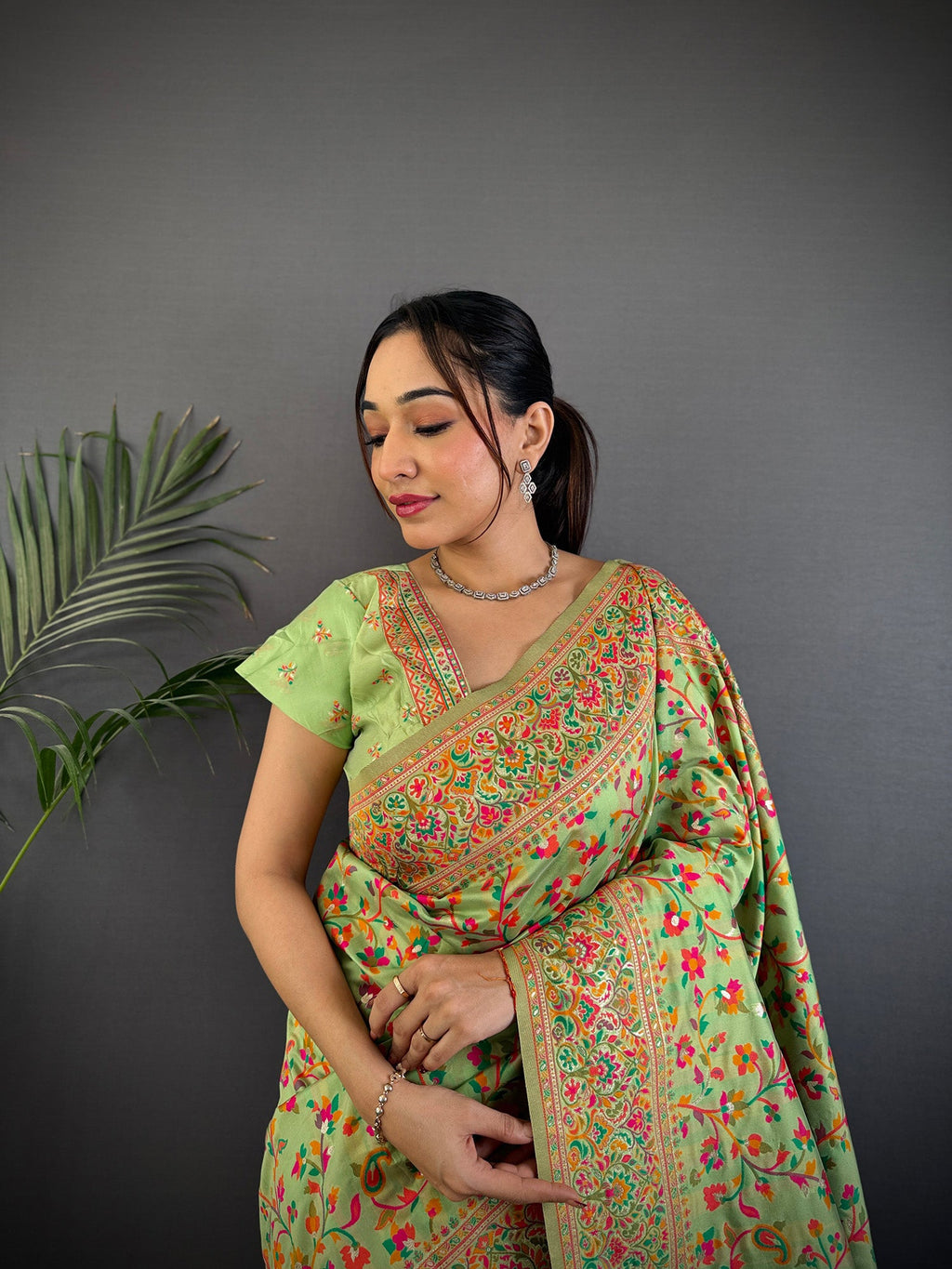 Elora Light Green Pashmina Silk Meenakari Weaving Madhubani Design Kashmiri Saree | Grocsy