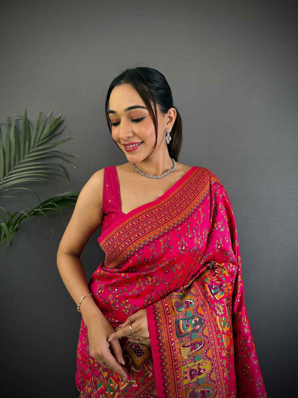 Elora Rani Pink Pashmina Silk Meenakari Weaving Madhubani Design Kashmiri Saree | Grocsy