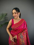 Elora Rani Pink Pashmina Silk Meenakari Weaving Madhubani Design Kashmiri Saree | Grocsy