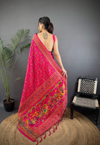 Elora Rani Pink Pashmina Silk Meenakari Weaving Madhubani Design Kashmiri Saree | Grocsy