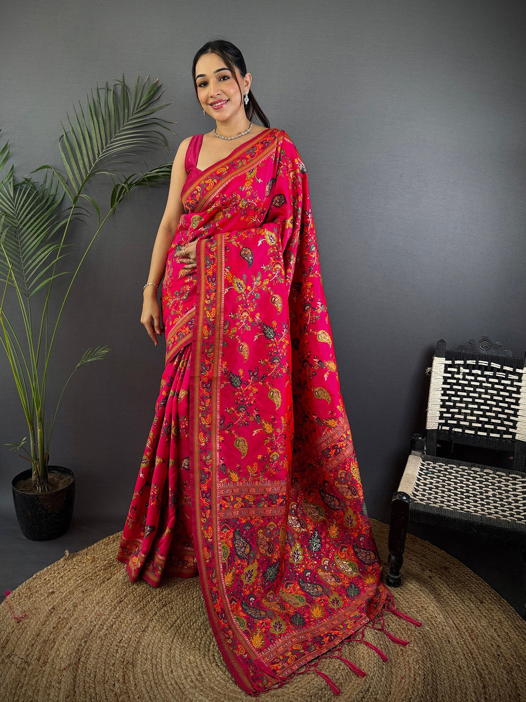 Elora Rani Pink Pashmina Silk Meenakari Weaving Madhubani Design Kashmiri Saree | Grocsy
