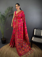 Elora Rani Pink Pashmina Silk Meenakari Weaving Madhubani Design Kashmiri Saree | Grocsy
