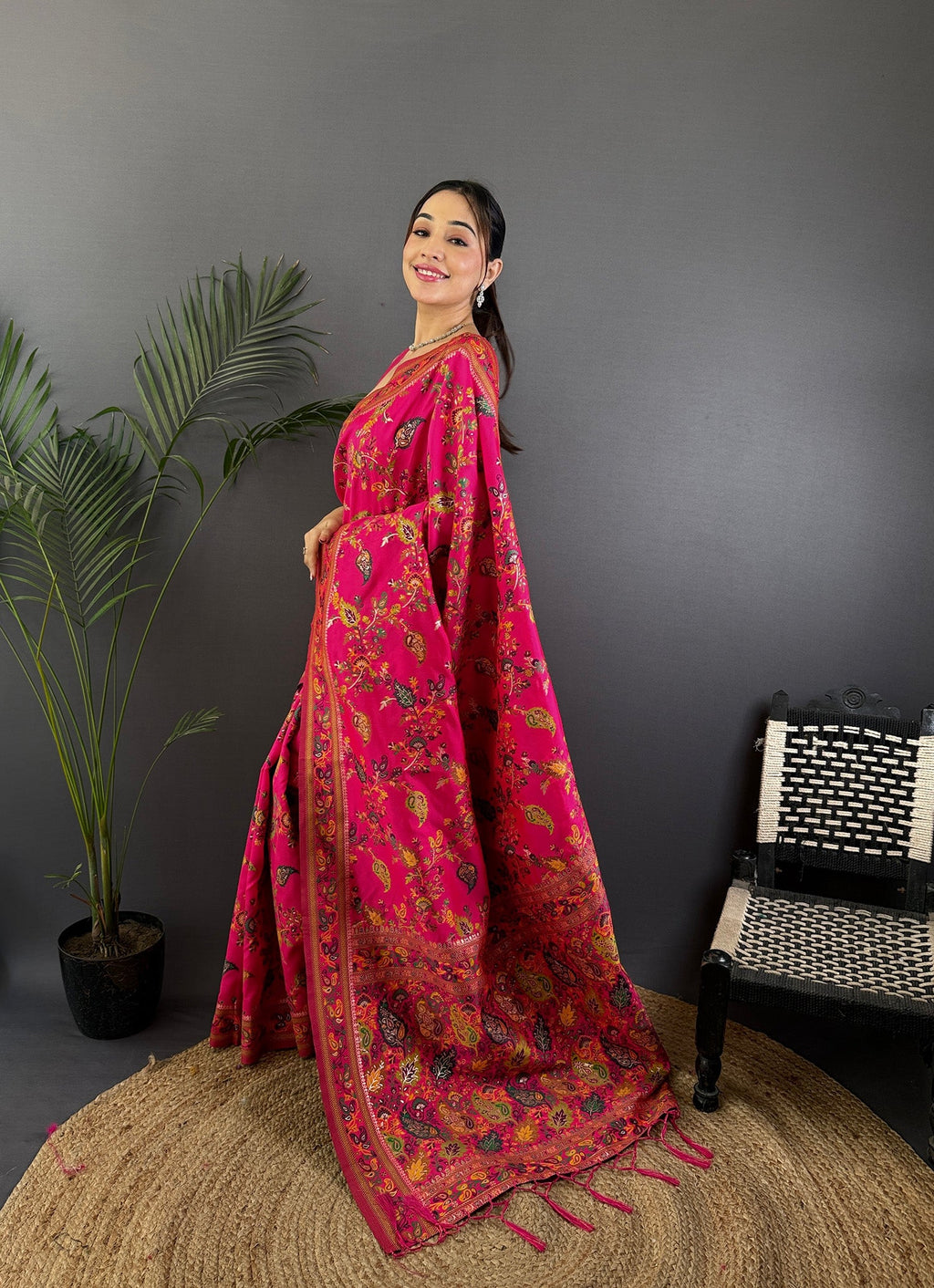 Elora Rani Pink Pashmina Silk Meenakari Weaving Madhubani Design Kashmiri Saree | Grocsy