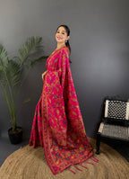 Elora Rani Pink Pashmina Silk Meenakari Weaving Madhubani Design Kashmiri Saree | Grocsy