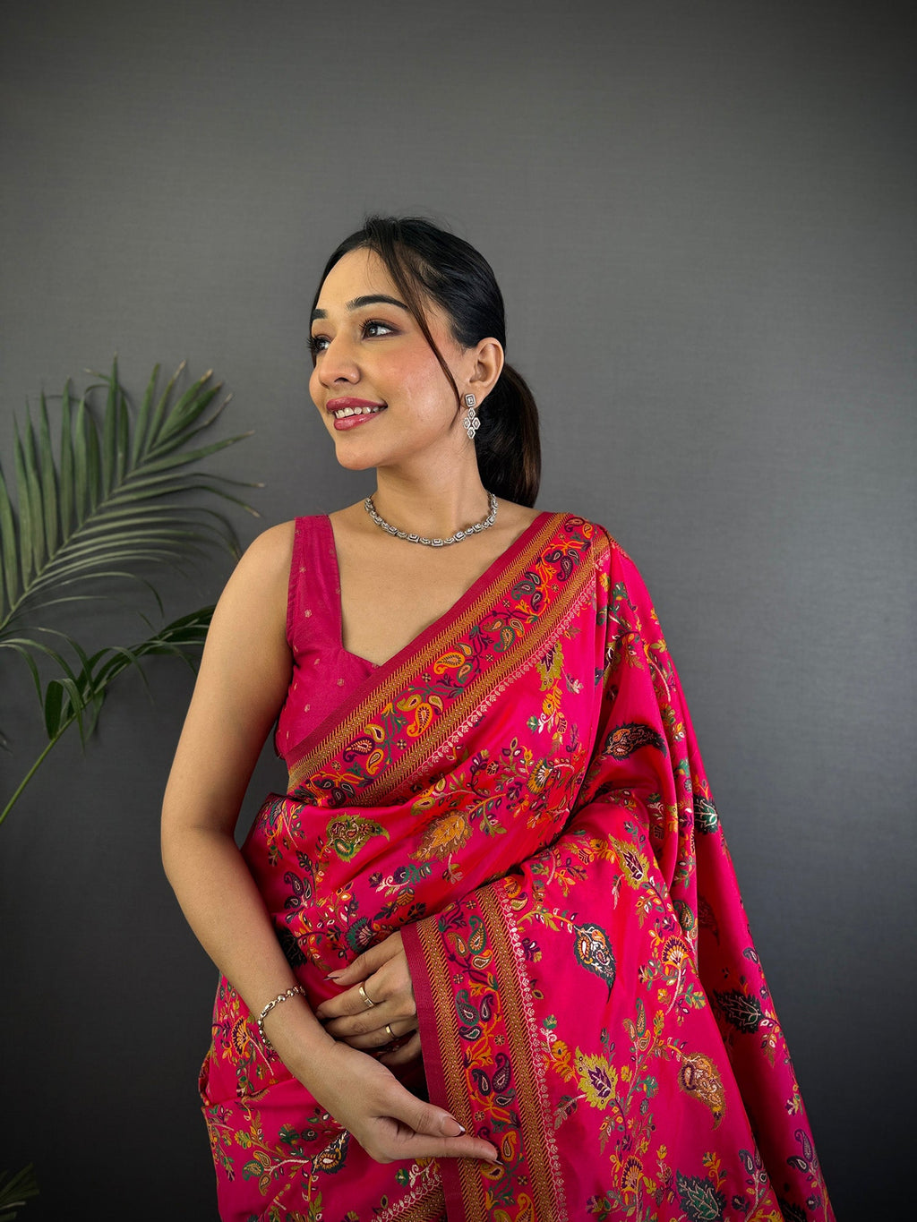 Elora Rani Pink Pashmina Silk Meenakari Weaving Madhubani Design Kashmiri Saree | Grocsy