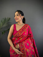 Elora Rani Pink Pashmina Silk Meenakari Weaving Madhubani Design Kashmiri Saree | Grocsy