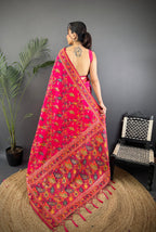 Elora Rani Pink Pashmina Silk Meenakari Weaving Madhubani Design Kashmiri Saree | Grocsy