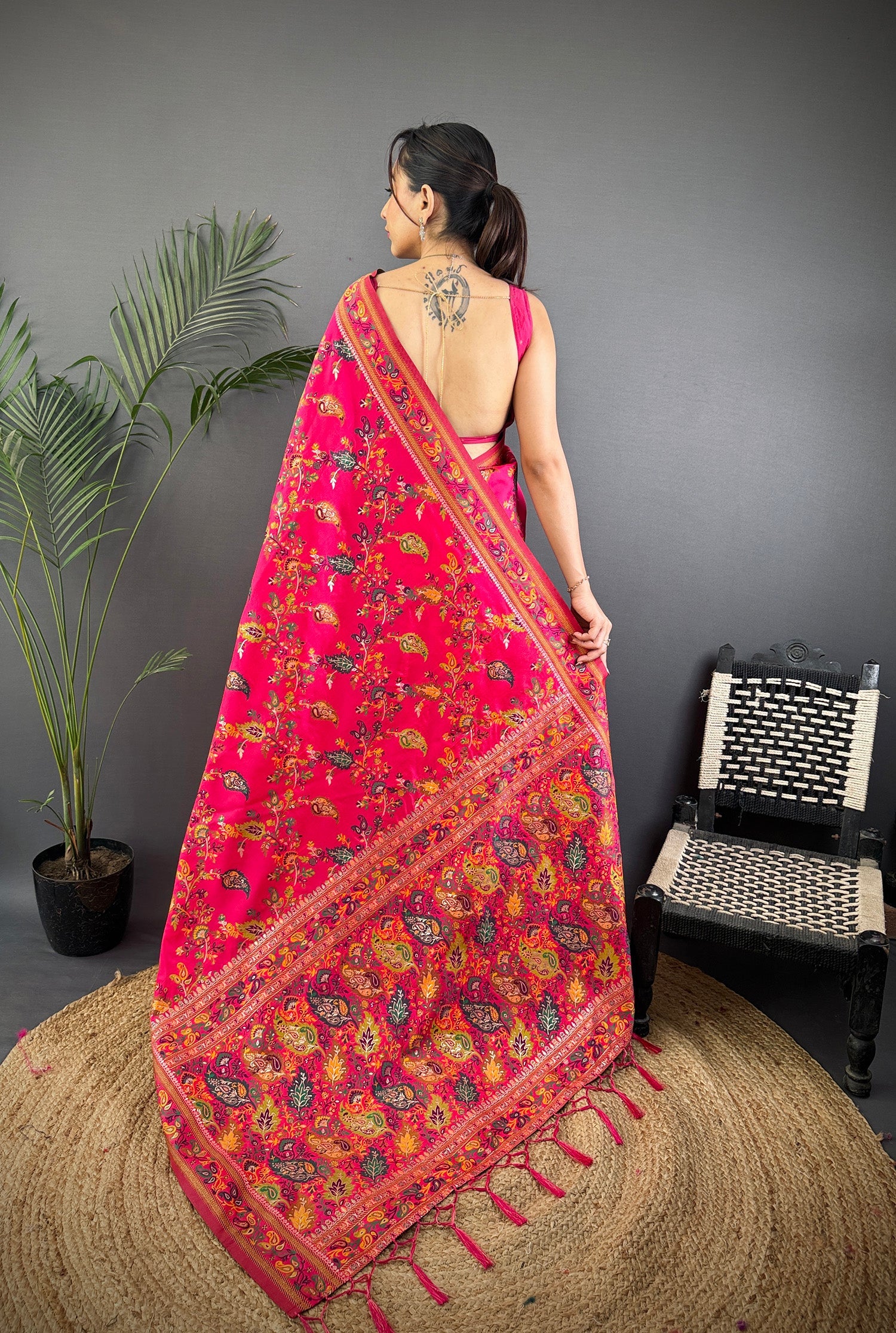 Elora Rani Pink Pashmina Silk Meenakari Weaving Madhubani Design Kashmiri Saree | Grocsy