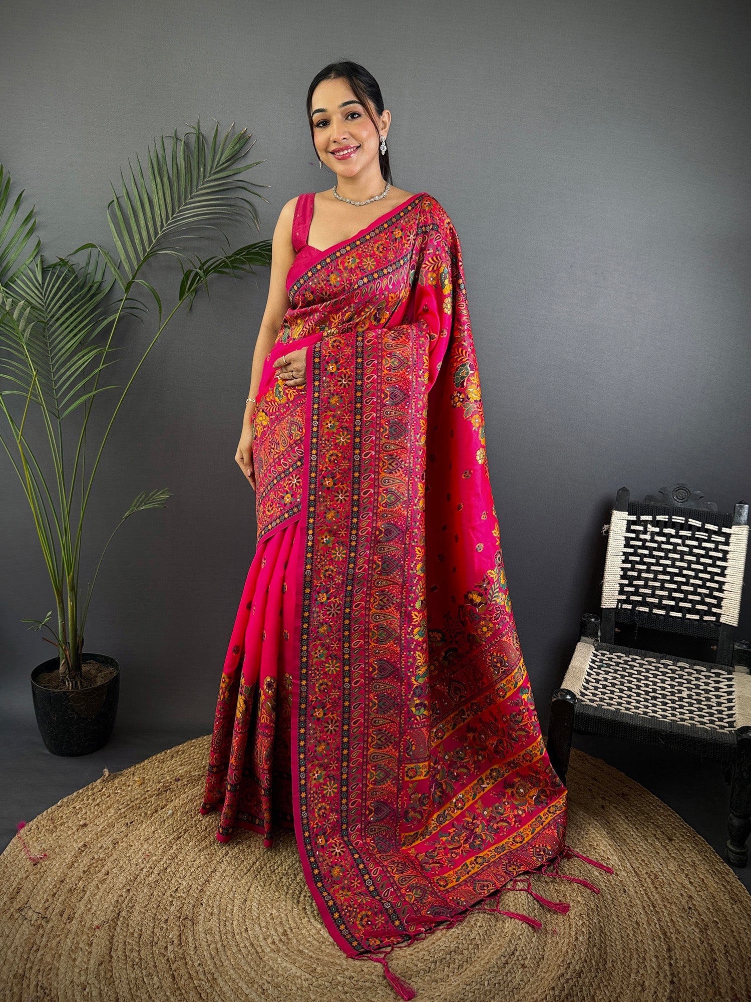 Elora Rani Pink Pashmina Silk Meenakari Weaving Madhubani Design Kashmiri Saree | Grocsy