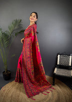 Elora Rani Pink Pashmina Silk Meenakari Weaving Madhubani Design Kashmiri Saree | Grocsy