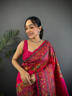 Elora Rani Pink Pashmina Silk Meenakari Weaving Madhubani Design Kashmiri Saree | Grocsy