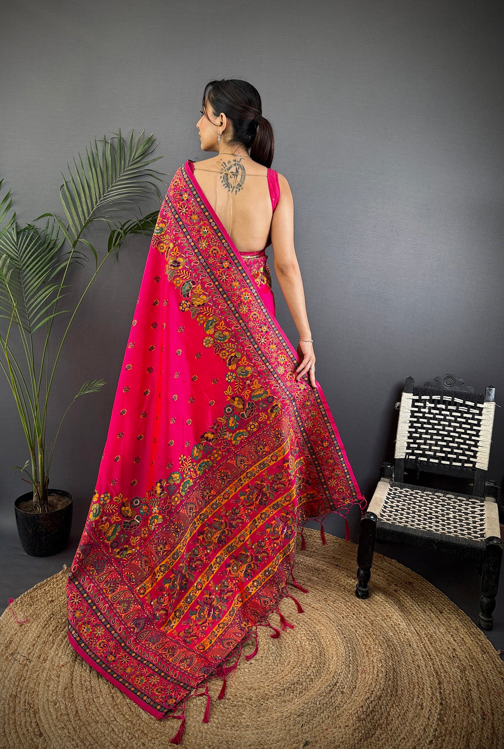 Elora Rani Pink Pashmina Silk Meenakari Weaving Madhubani Design Kashmiri Saree | Grocsy