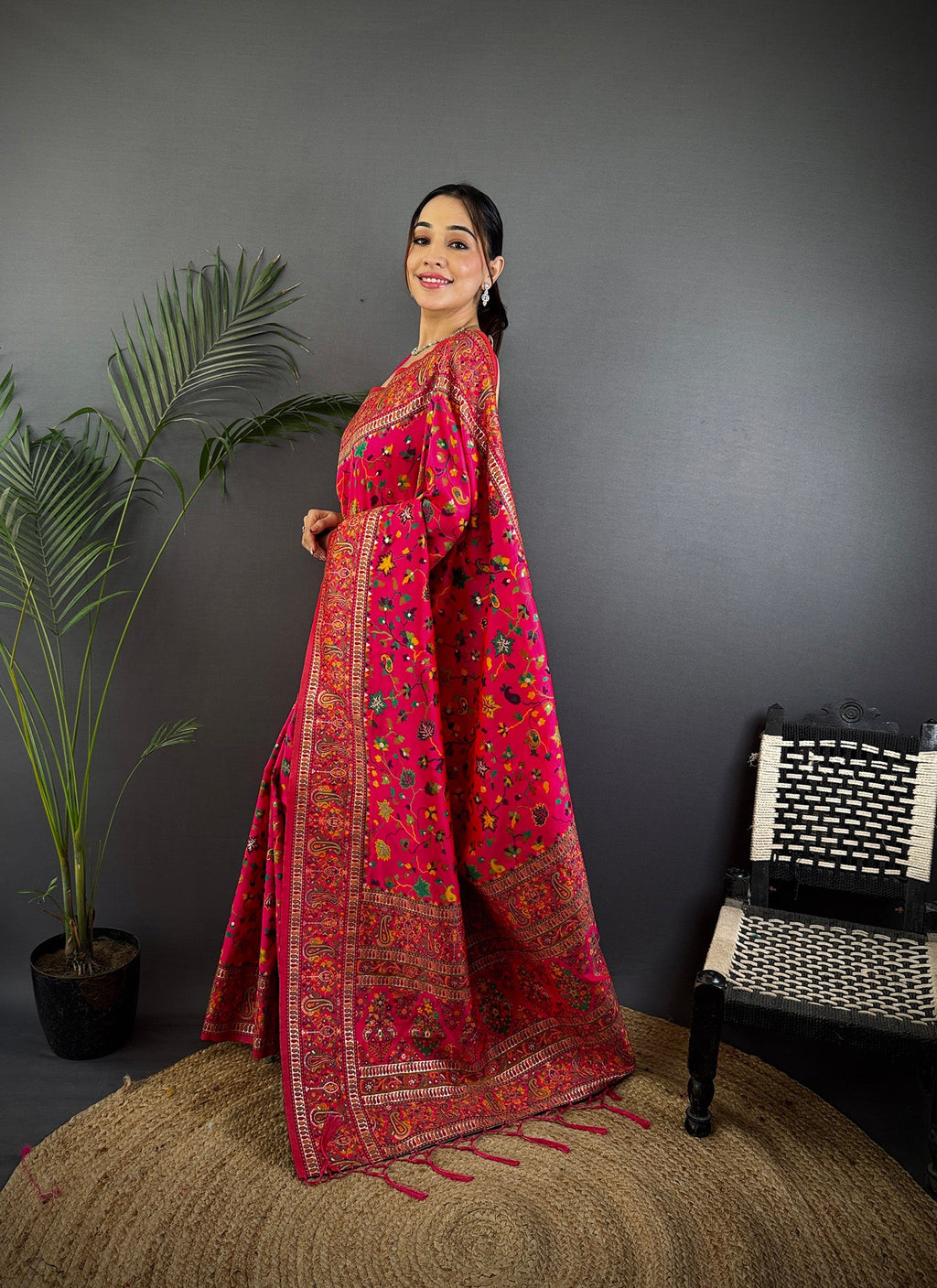 Elora Rani Pink Pashmina Silk Meenakari Weaving Madhubani Design Kashmiri Saree | Grocsy