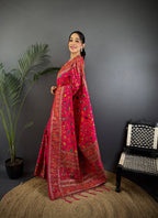 Elora Rani Pink Pashmina Silk Meenakari Weaving Madhubani Design Kashmiri Saree | Grocsy