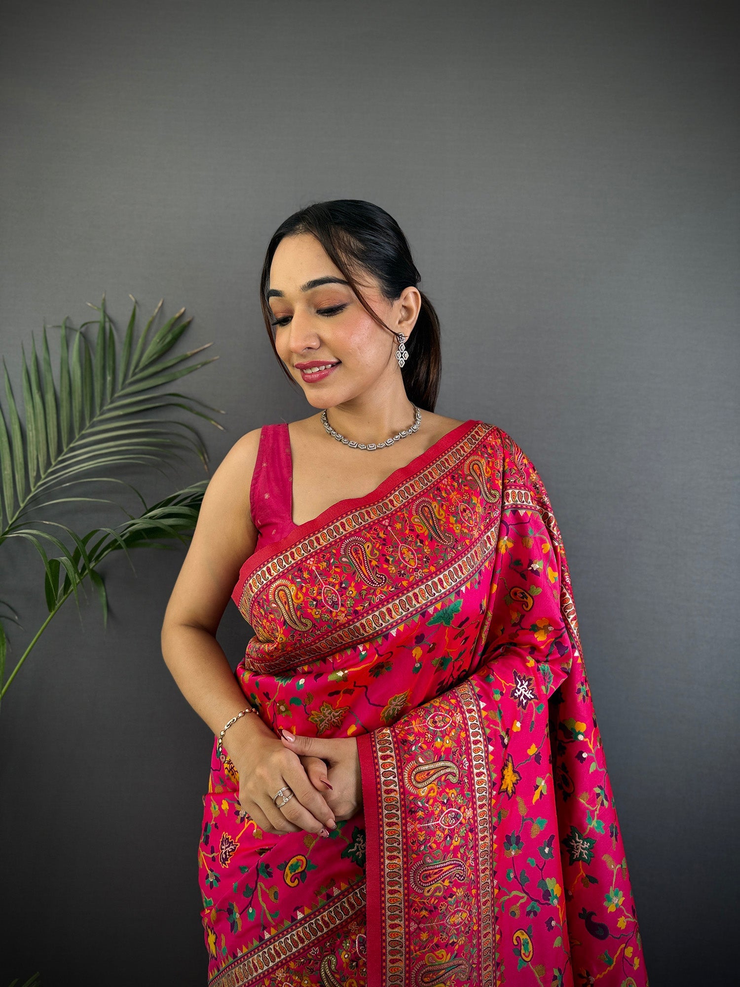 Elora Rani Pink Pashmina Silk Meenakari Weaving Madhubani Design Kashmiri Saree | Grocsy