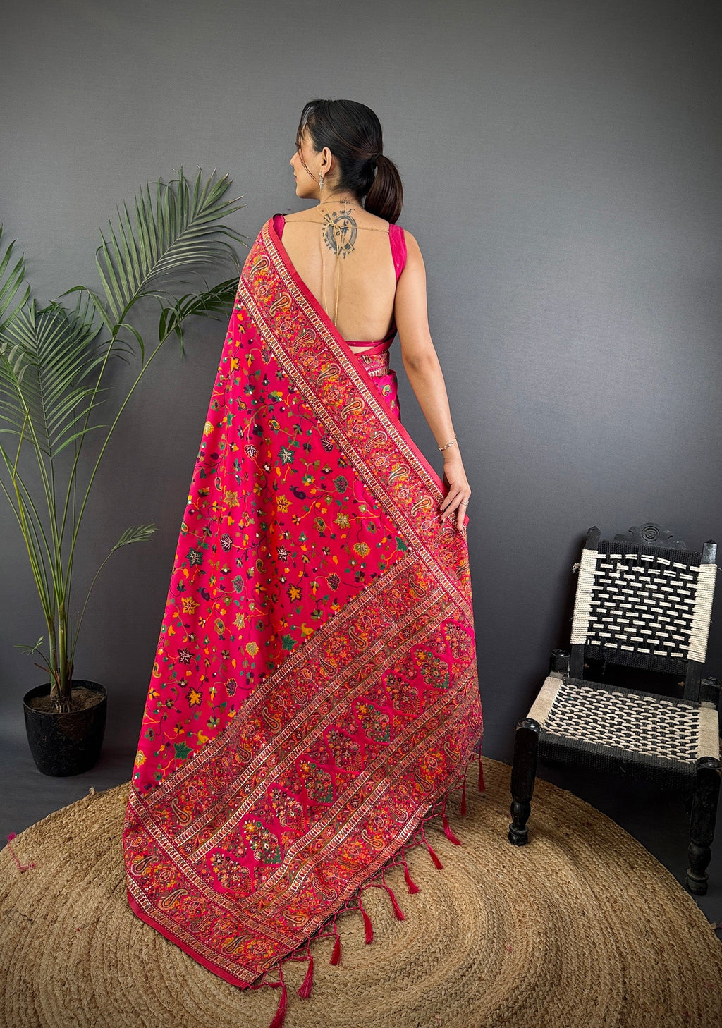 Elora Rani Pink Pashmina Silk Meenakari Weaving Madhubani Design Kashmiri Saree | Grocsy