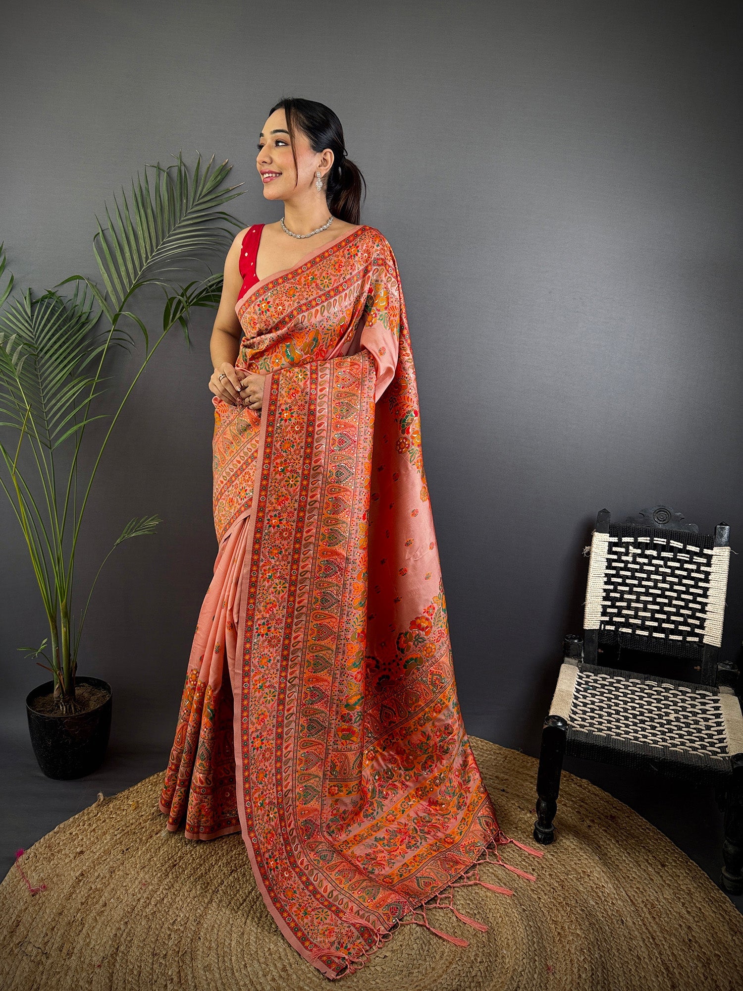 Elora Peach Pashmina Silk  Floral Paisley Motifs Madhubani Design Kashmiri Saree | Grocsy