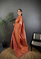 Elora Peach Pashmina Silk  Floral Paisley Motifs Madhubani Design Kashmiri Saree | Grocsy