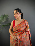 Elora Peach Pashmina Silk  Floral Paisley Motifs Madhubani Design Kashmiri Saree | Grocsy