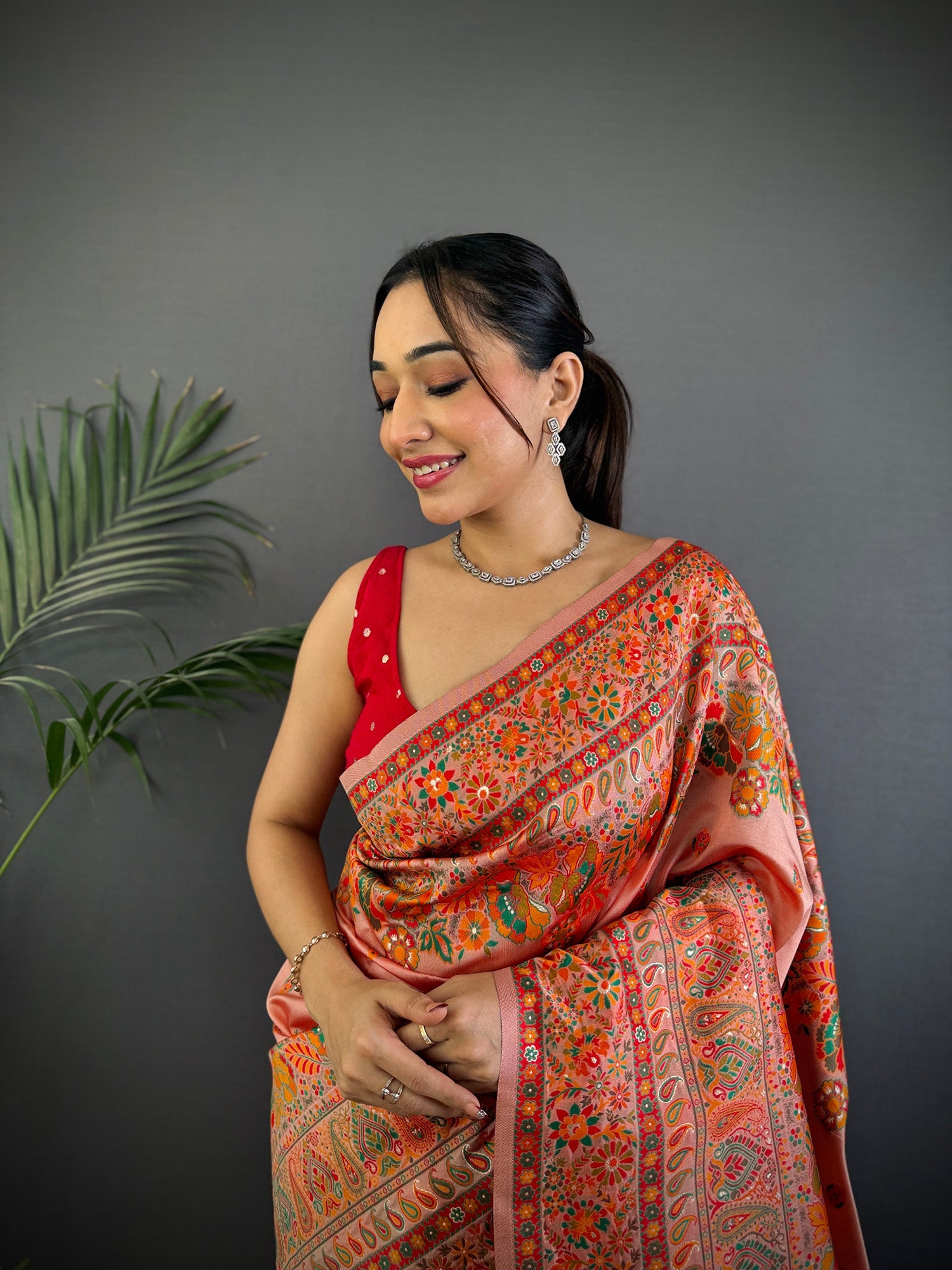 Elora Peach Pashmina Silk  Floral Paisley Motifs Madhubani Design Kashmiri Saree | Grocsy