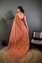Elora Peach Pashmina Silk  Floral Paisley Motifs Madhubani Design Kashmiri Saree | Grocsy