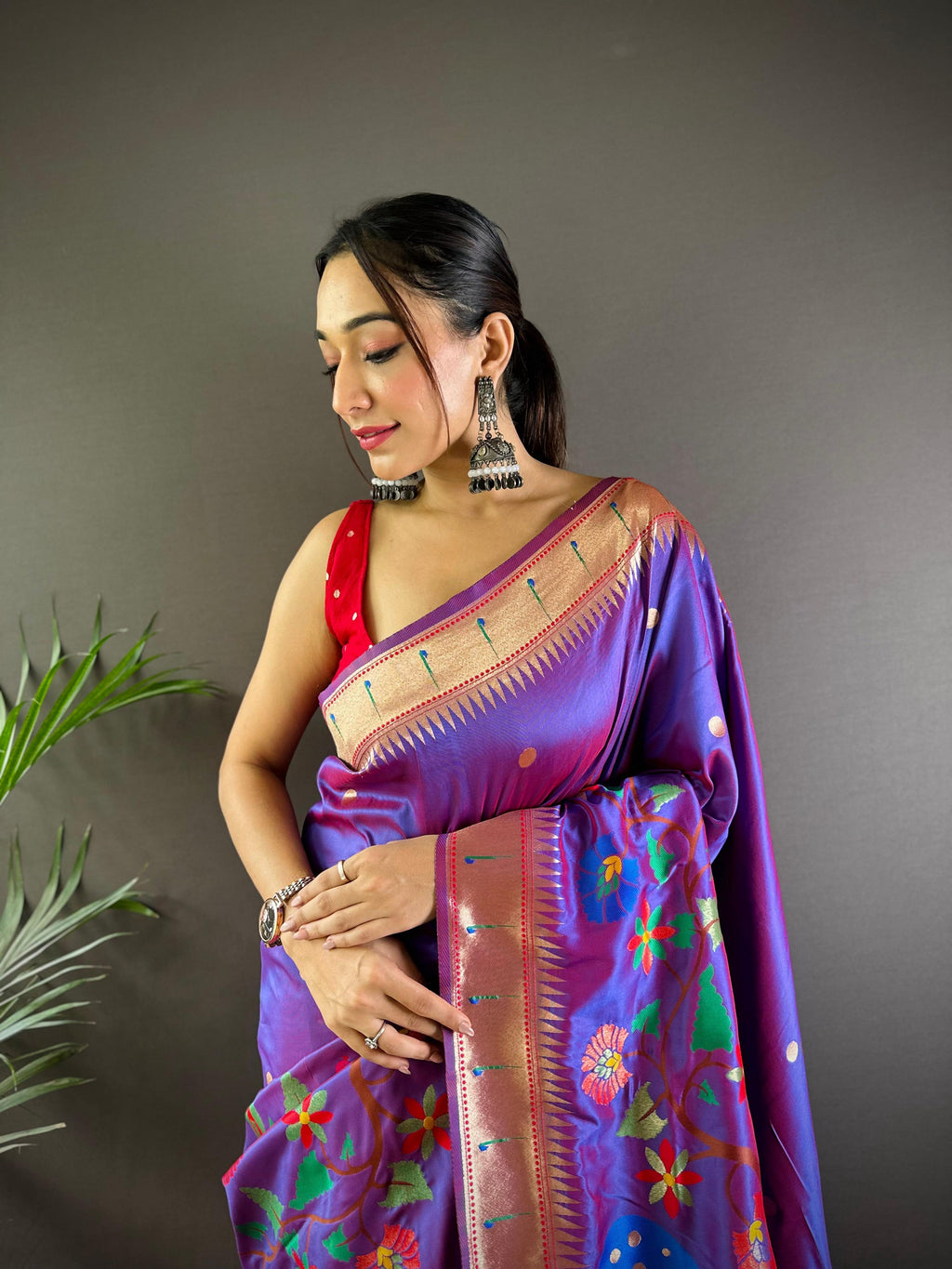 Elora Purple Soft Silk Motifs Mina Zari Weaving Paithani Saree | Grocsy