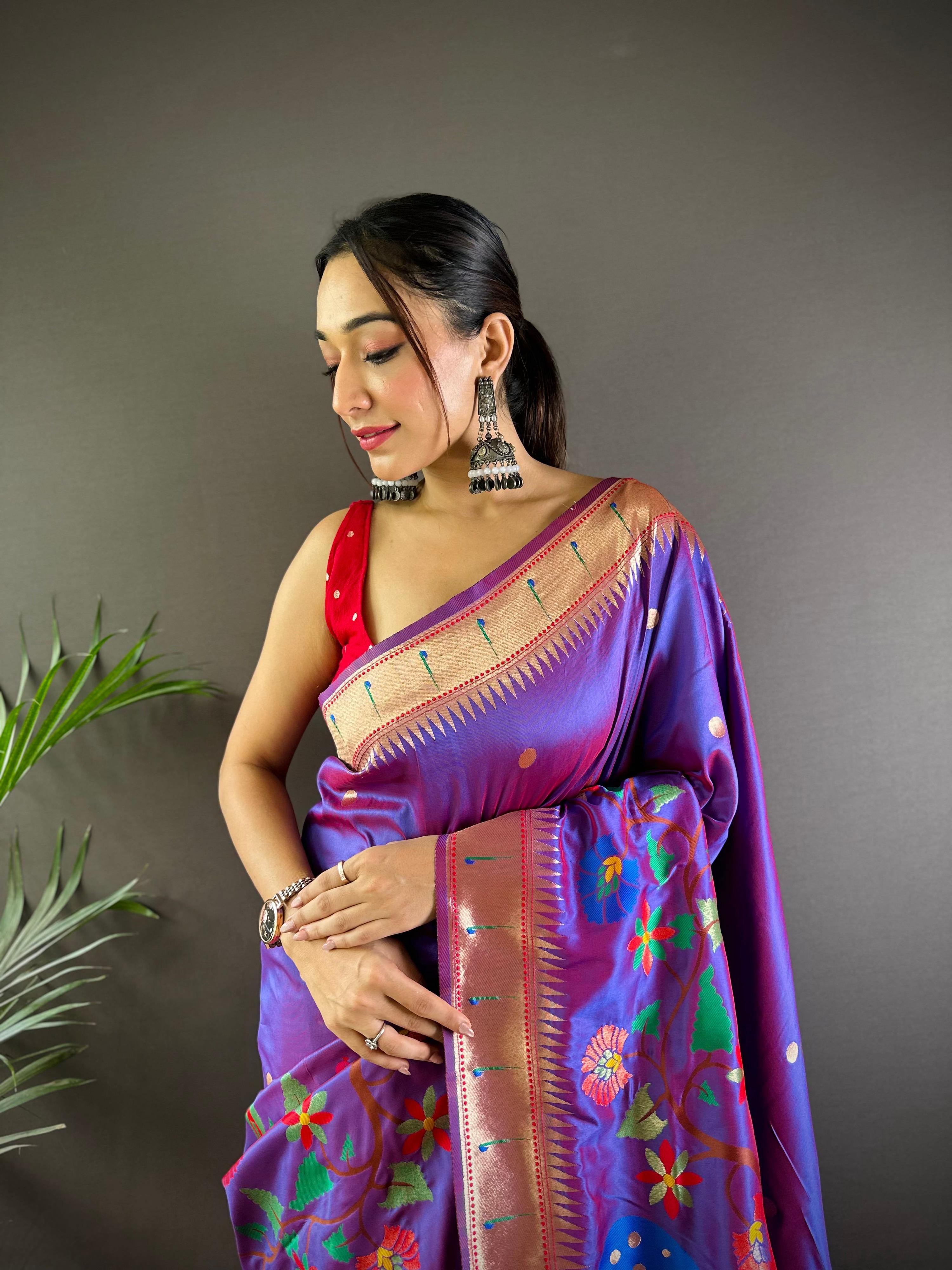 Elora Purple Soft Silk Motifs Mina Zari Weaving Paithani Saree | Grocsy