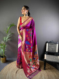 Elora Magenta Soft Silk Motifs Mina Zari Weaving Paithani Saree | Grocsy