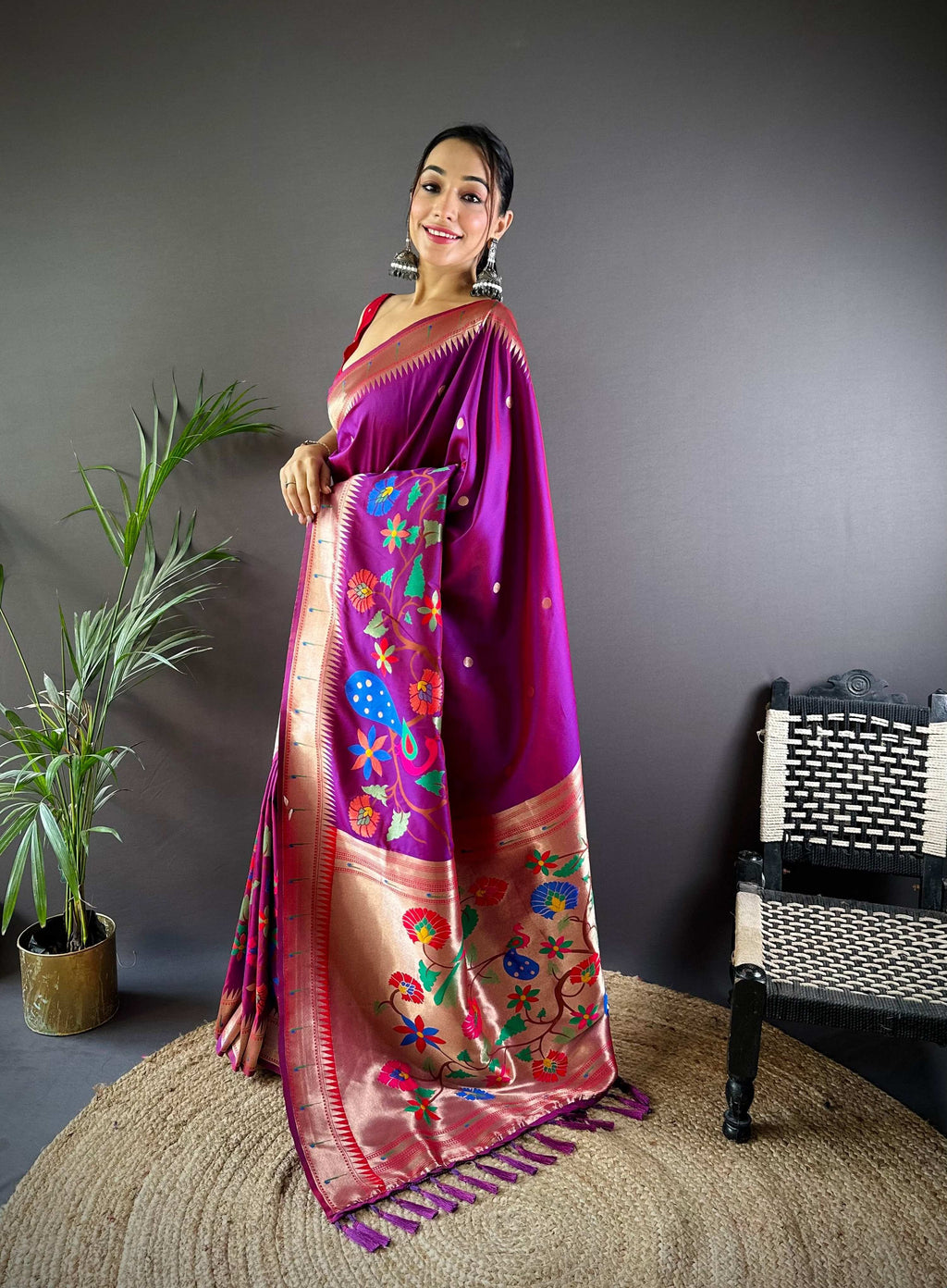 Elora Magenta Soft Silk Motifs Mina Zari Weaving Paithani Saree | Grocsy