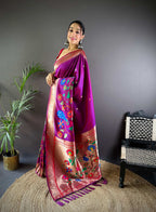 Elora Magenta Soft Silk Motifs Mina Zari Weaving Paithani Saree | Grocsy