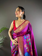 Elora Magenta Soft Silk Motifs Mina Zari Weaving Paithani Saree | Grocsy