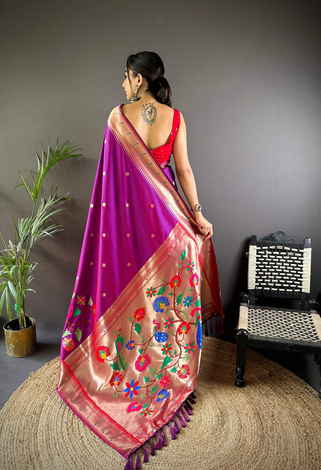 Elora Magenta Soft Silk Motifs Mina Zari Weaving Paithani Saree | Grocsy