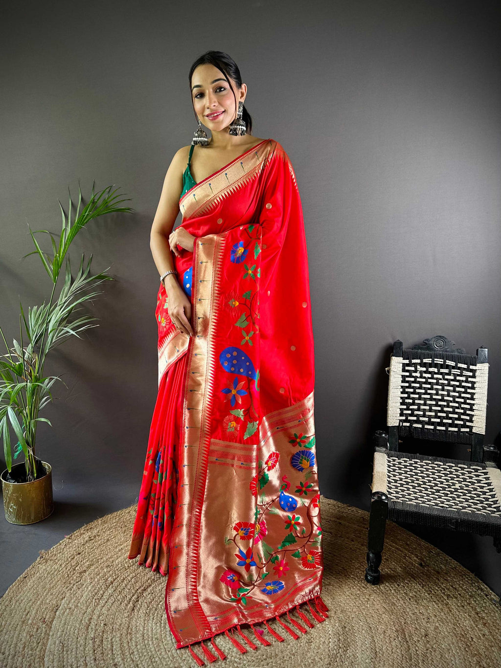 Elora Red Soft Silk Motifs Mina Zari Weaving Paithani Saree | Grocsy