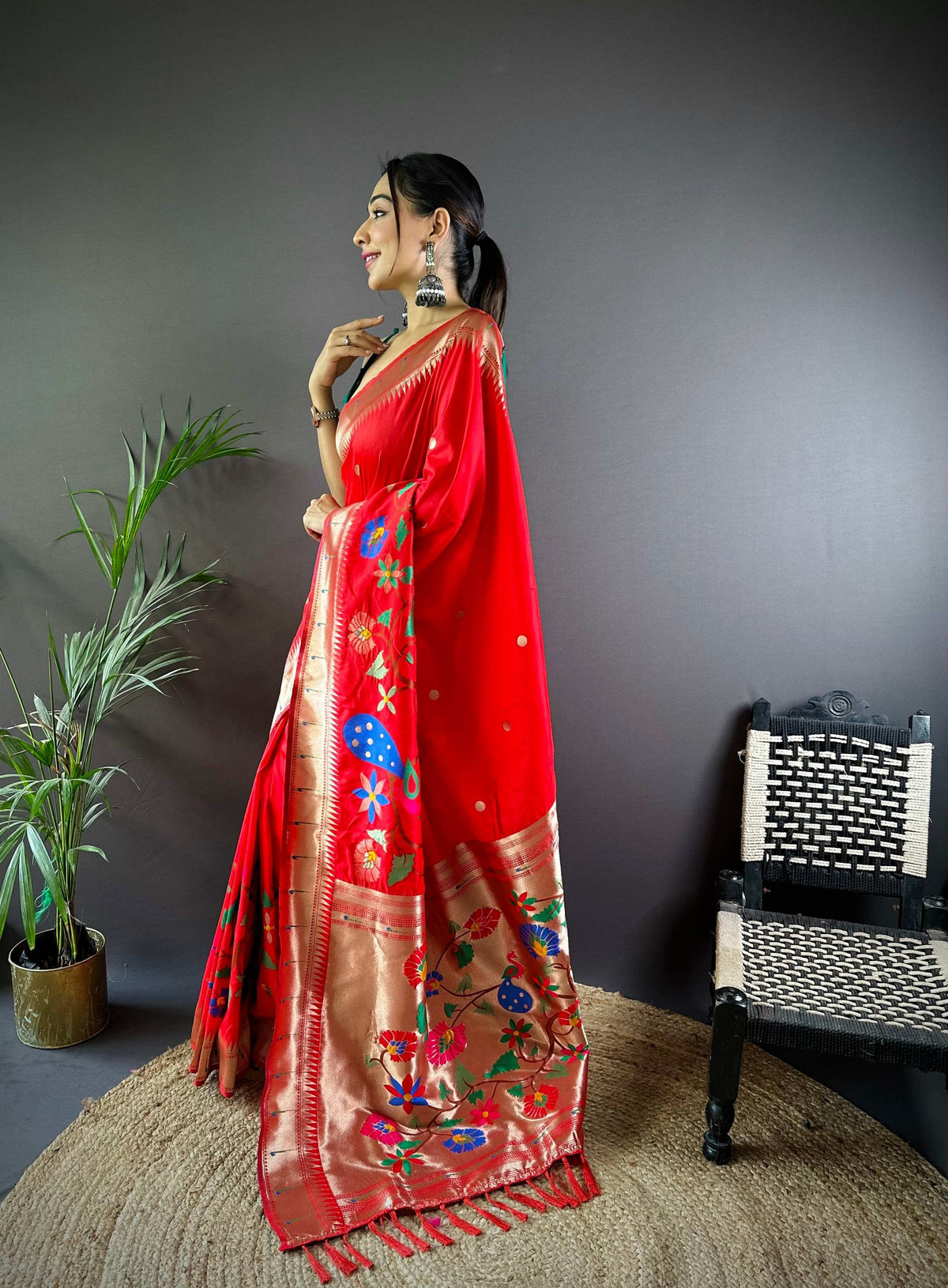Elora Red Soft Silk Motifs Mina Zari Weaving Paithani Saree | Grocsy