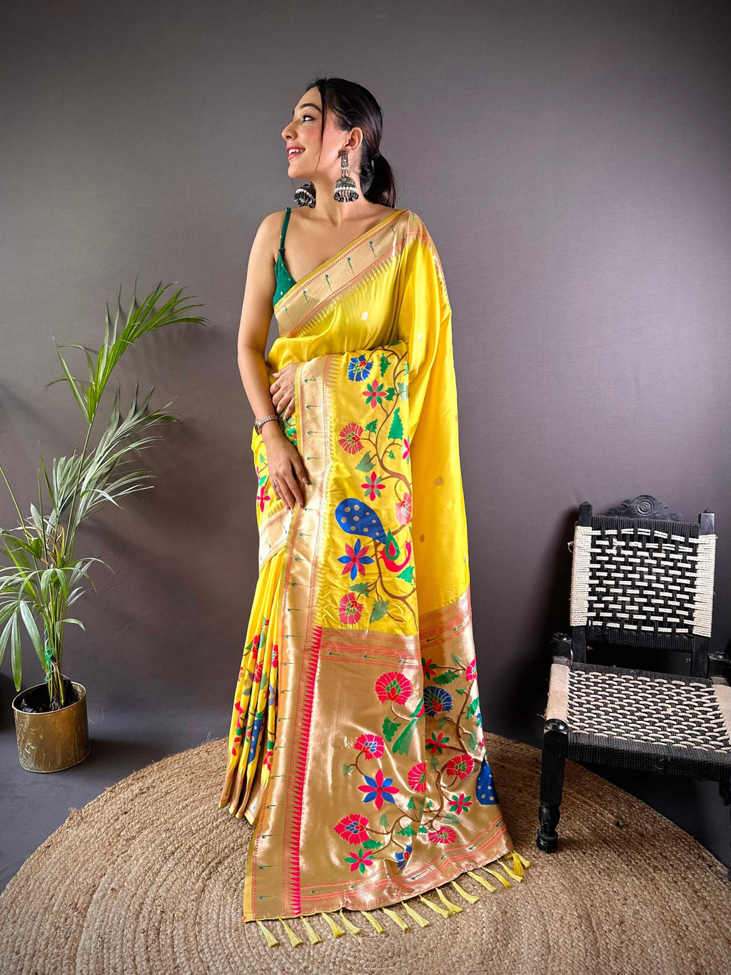 Elora Yellow Soft Silk Motifs Mina Zari Weaving Paithani Saree | Grocsy