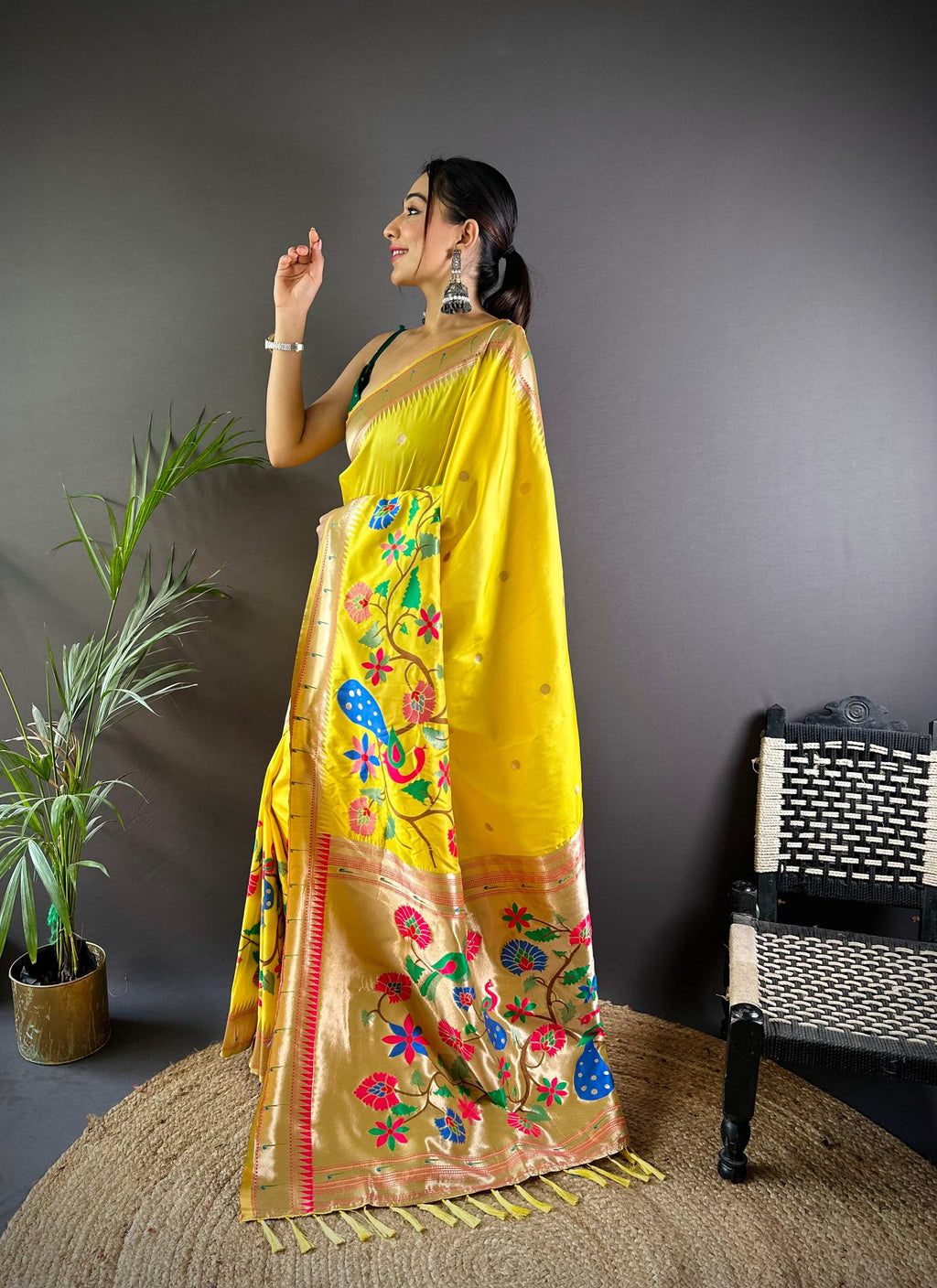Elora Yellow Soft Silk Motifs Mina Zari Weaving Paithani Saree | Grocsy
