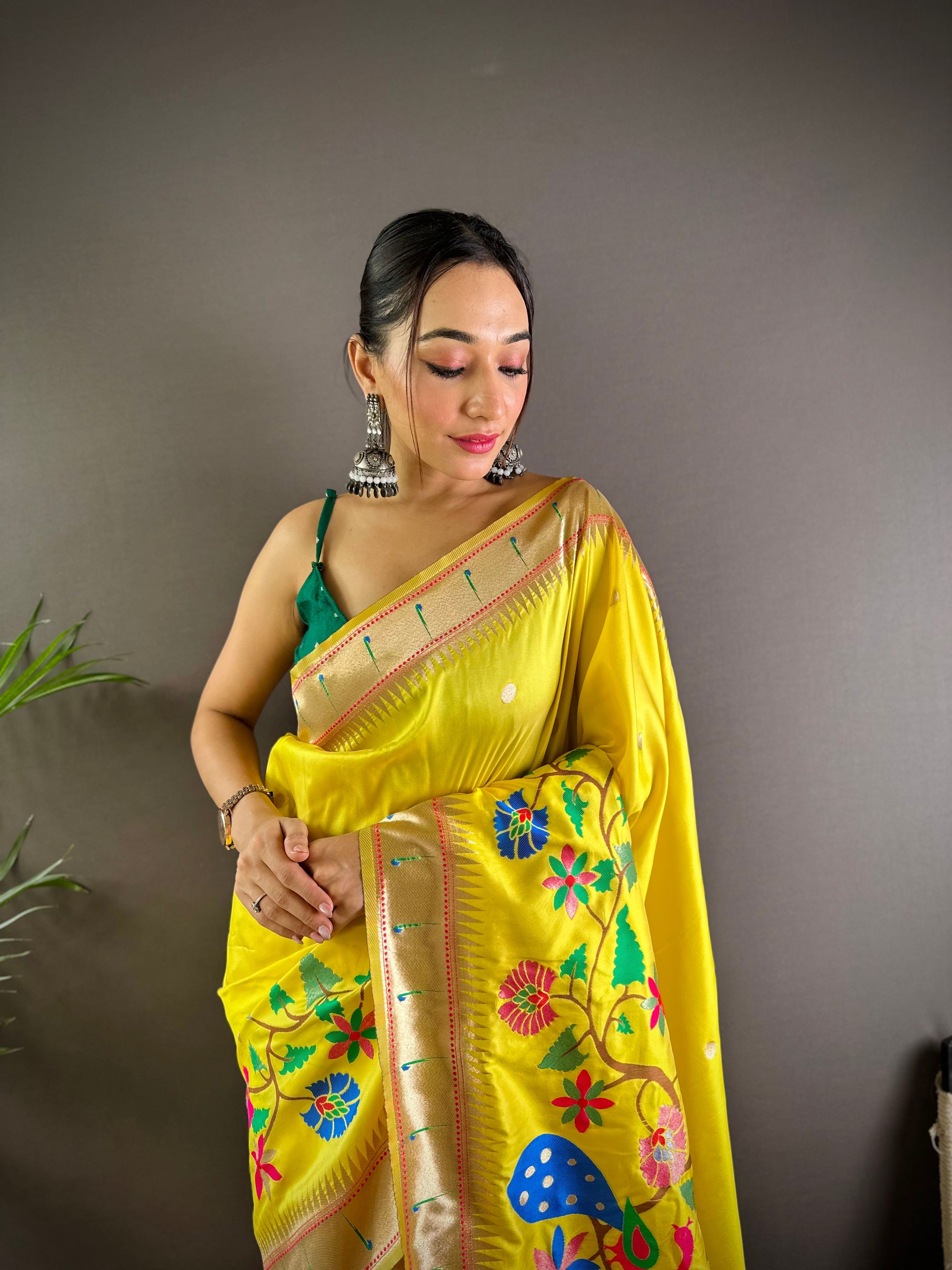 Elora Yellow Soft Silk Motifs Mina Zari Weaving Paithani Saree | Grocsy