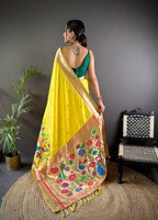Elora Yellow Soft Silk Motifs Mina Zari Weaving Paithani Saree | Grocsy