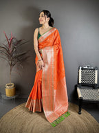 Elora Orange Banarasi Silk Intricate Zari Weaving Kanjivaram Sarees | Grocsy