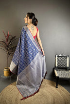 Elora Dark Blue Banarasi Silk Geometric Shape Kanjivaram Sarees | Grocsy