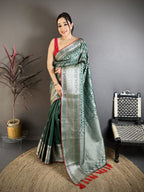 Elora Green Banarasi Silk Zari Woven Ethnic Motifs Kanjivaram Sarees | Grocsy