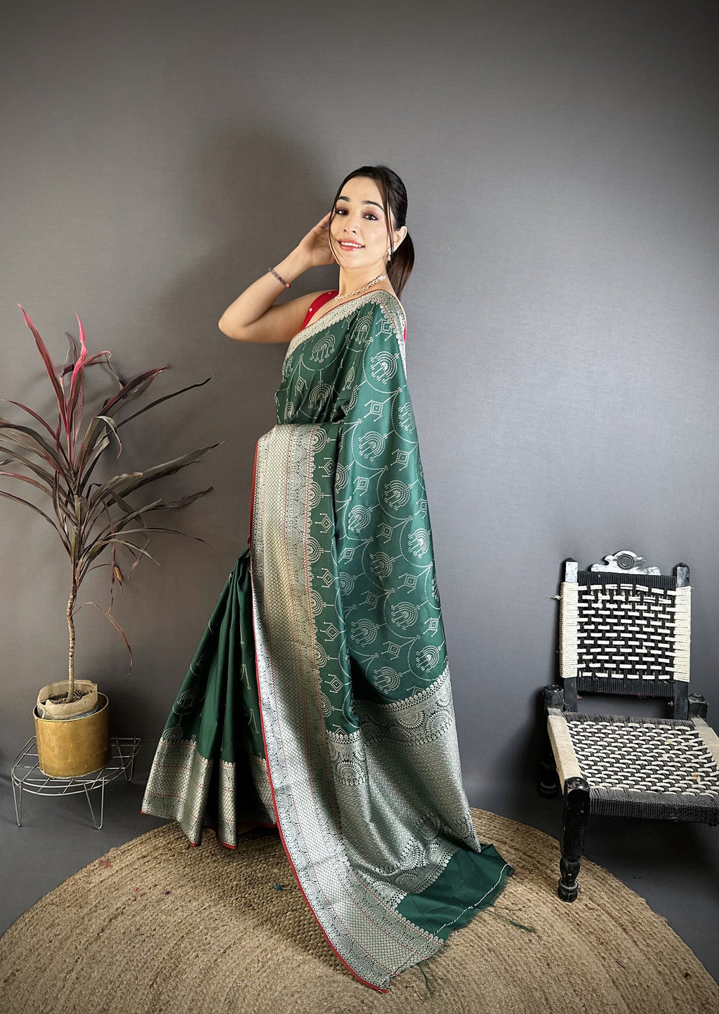 Elora Dark Green Banarasi Silk Ajrakh Print Kanjivaram Sarees | Grocsy