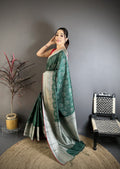 Elora Dark Green Banarasi Silk Ajrakh Print Kanjivaram Sarees | Grocsy