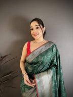 Elora Dark Green Banarasi Silk Ajrakh Print Kanjivaram Sarees | Grocsy