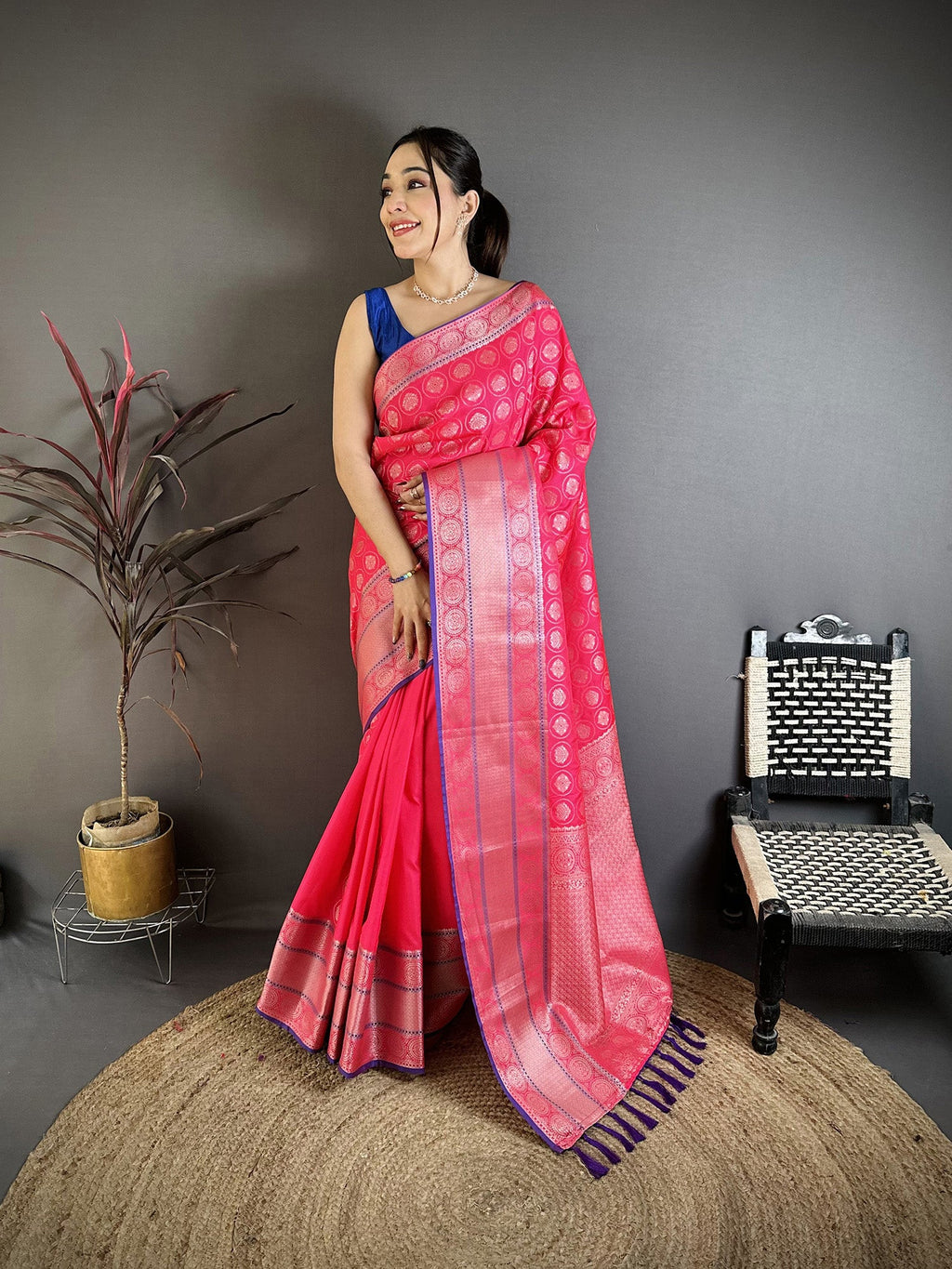 Elora Rani Pink Banarasi Silk Woven Design Kanjivaram Sarees | Grocsy