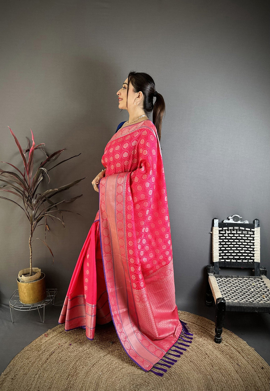 Elora Rani Pink Banarasi Silk Woven Design Kanjivaram Sarees | Grocsy